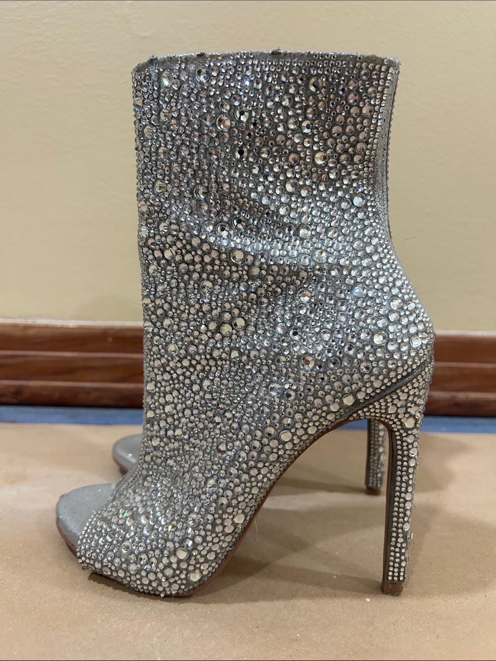 Crystal-Embellished Silver Peep-Toe Stiletto Ankle Boots